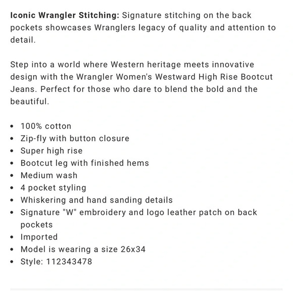 Wrangler Women’s Westward 626 High Rise Cotton Boot Cut Jeans Size 33 - Picture 12 of 16